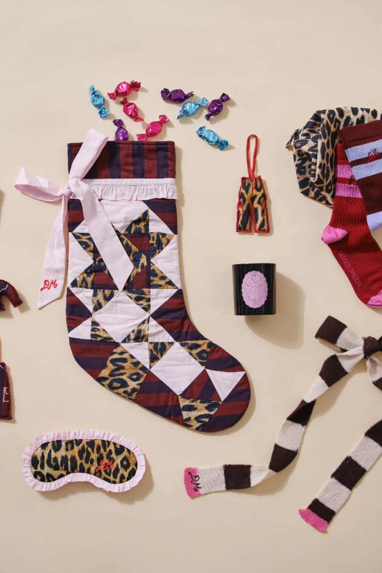 patchwork bow christmas stocking - pink, leopard u0026 stripe