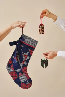 patchwork bow christmas stocking - navy, gingham u0026 red check