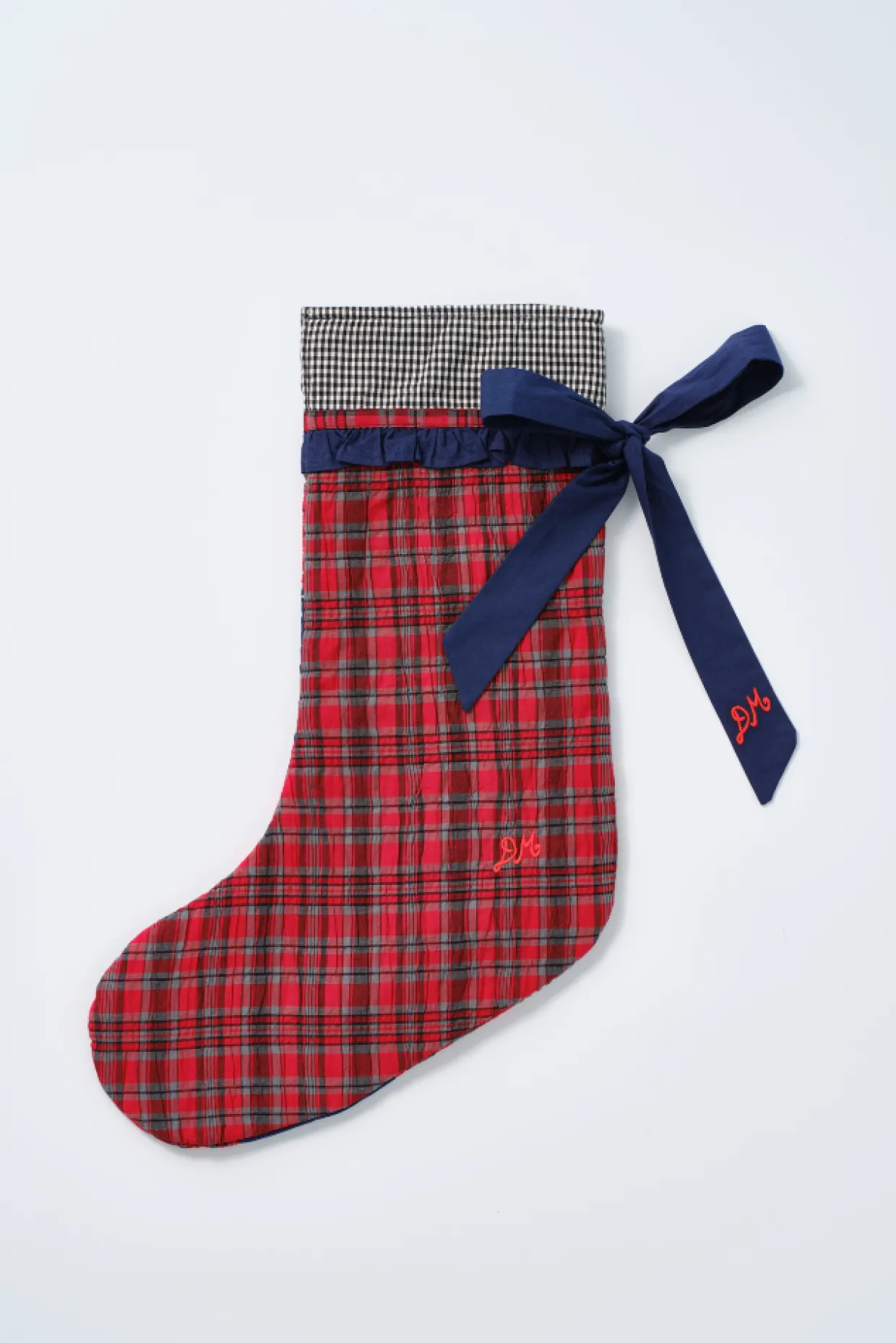 patchwork bow christmas stocking - navy, gingham u0026 red check