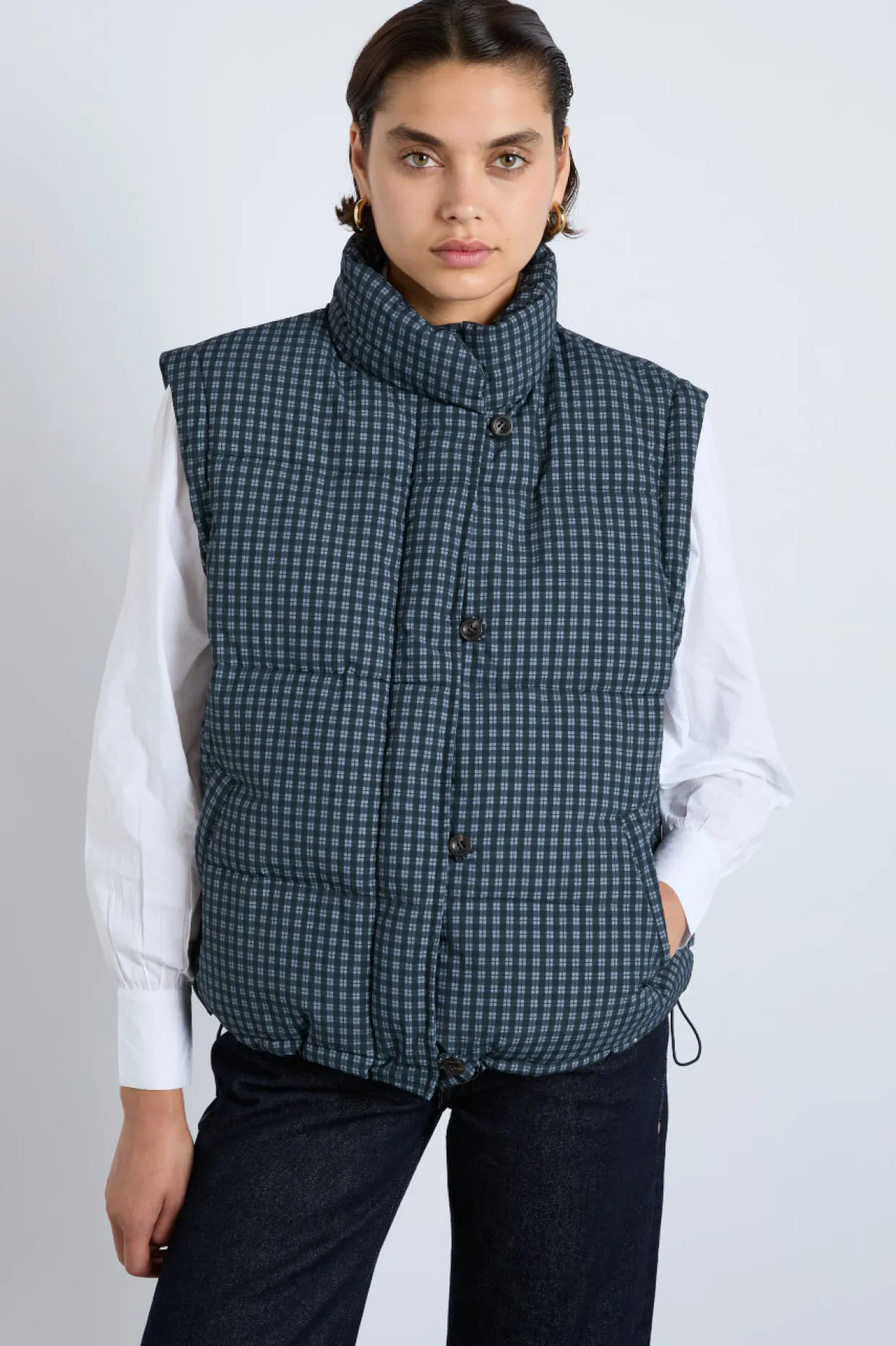pearl check puffer - navy gingham