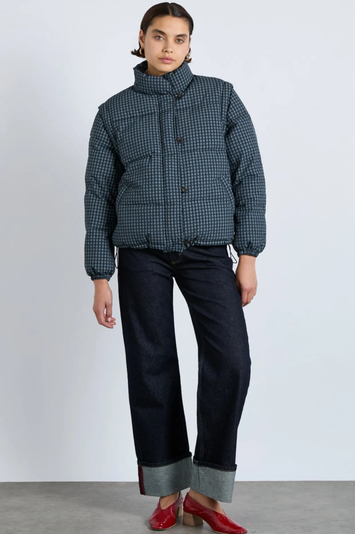 pearl check puffer - navy gingham