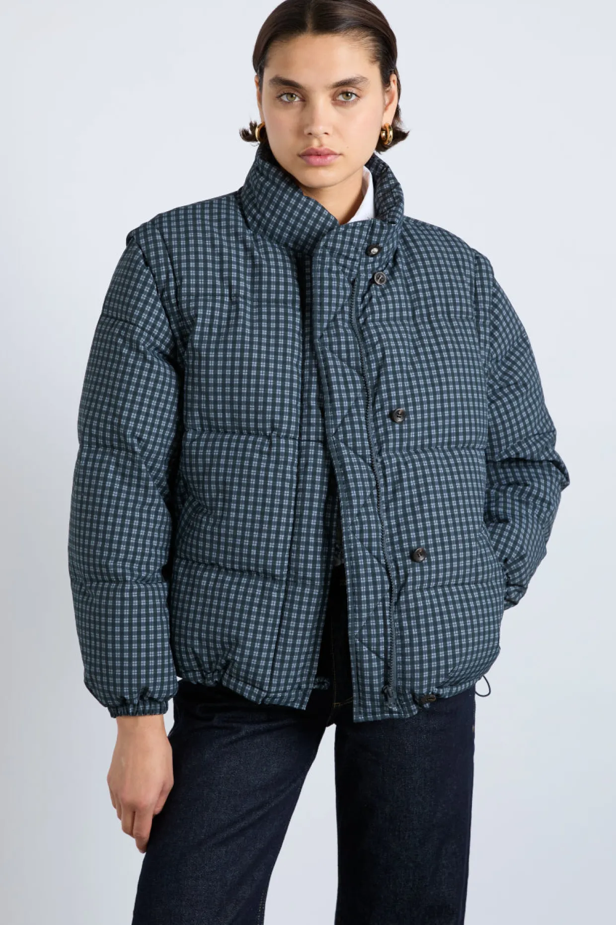 pearl check puffer - navy gingham