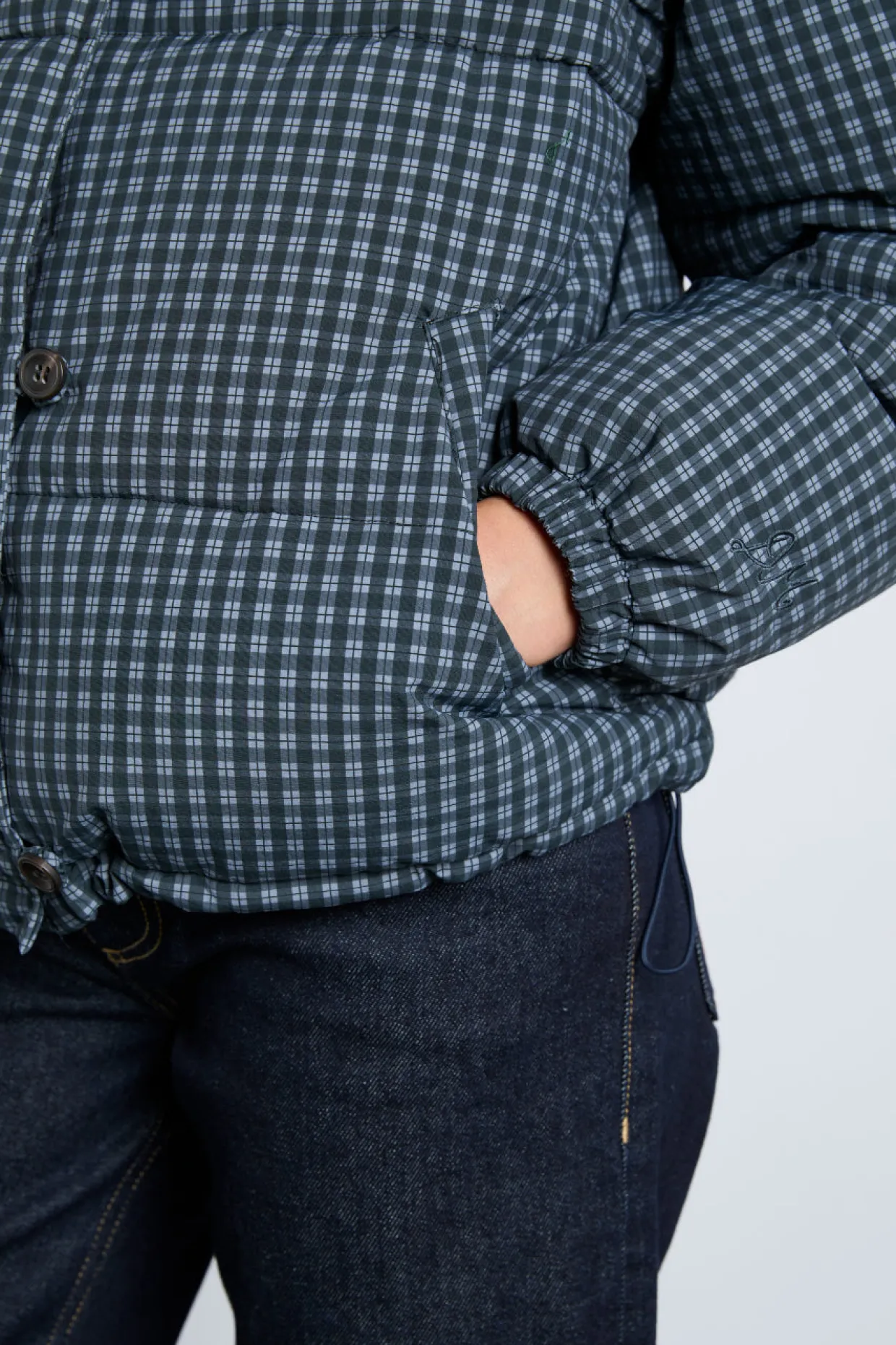 pearl check puffer - navy gingham