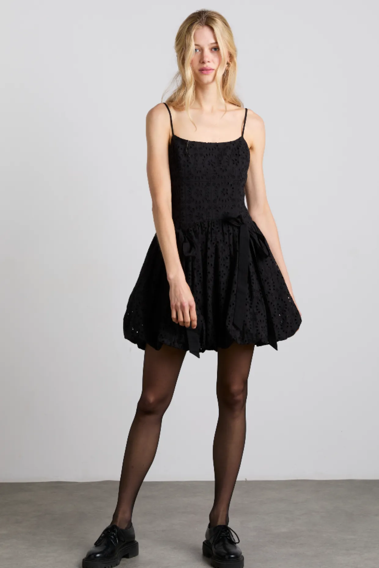 penelope embroidered bubble hem mini dress - black broderie