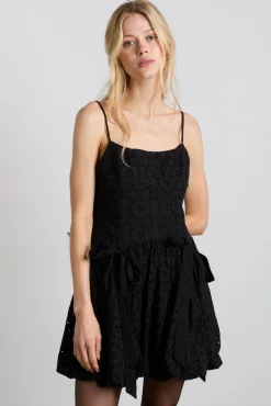 penelope embroidered bubble hem mini dress - black broderie
