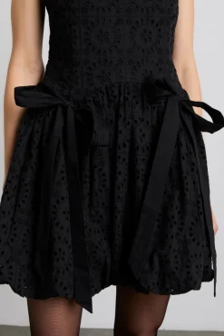 penelope embroidered bubble hem mini dress - black broderie