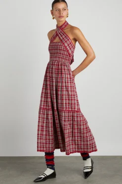 pia midi dress - red check