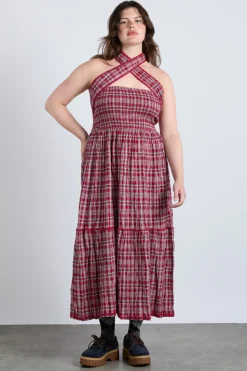 pia midi dress - red check