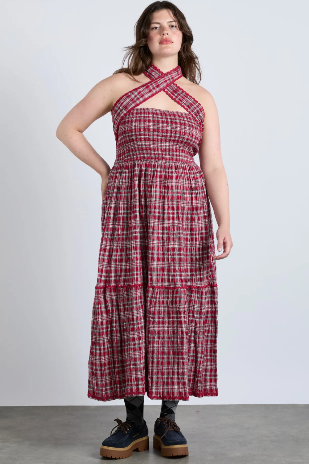 pia midi dress - red check