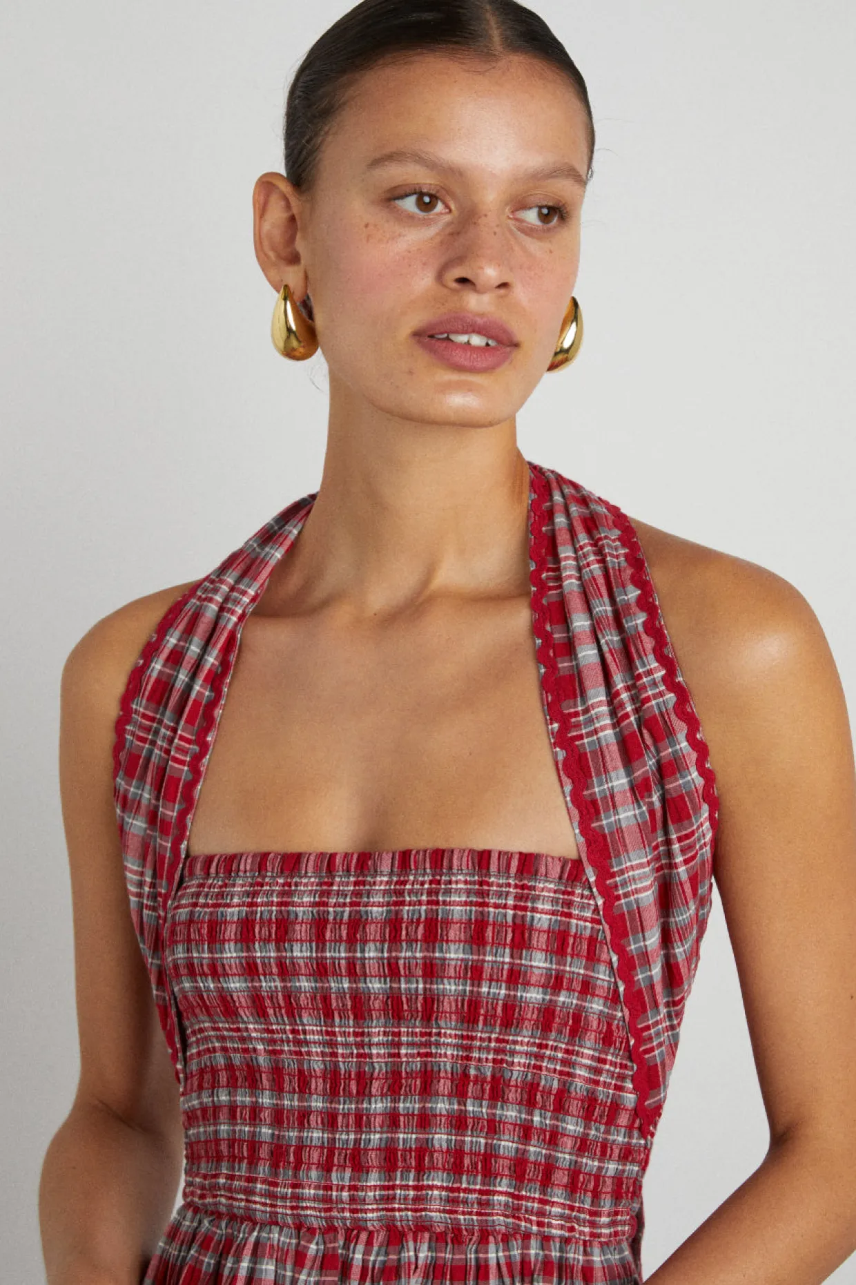 pia midi dress - red check