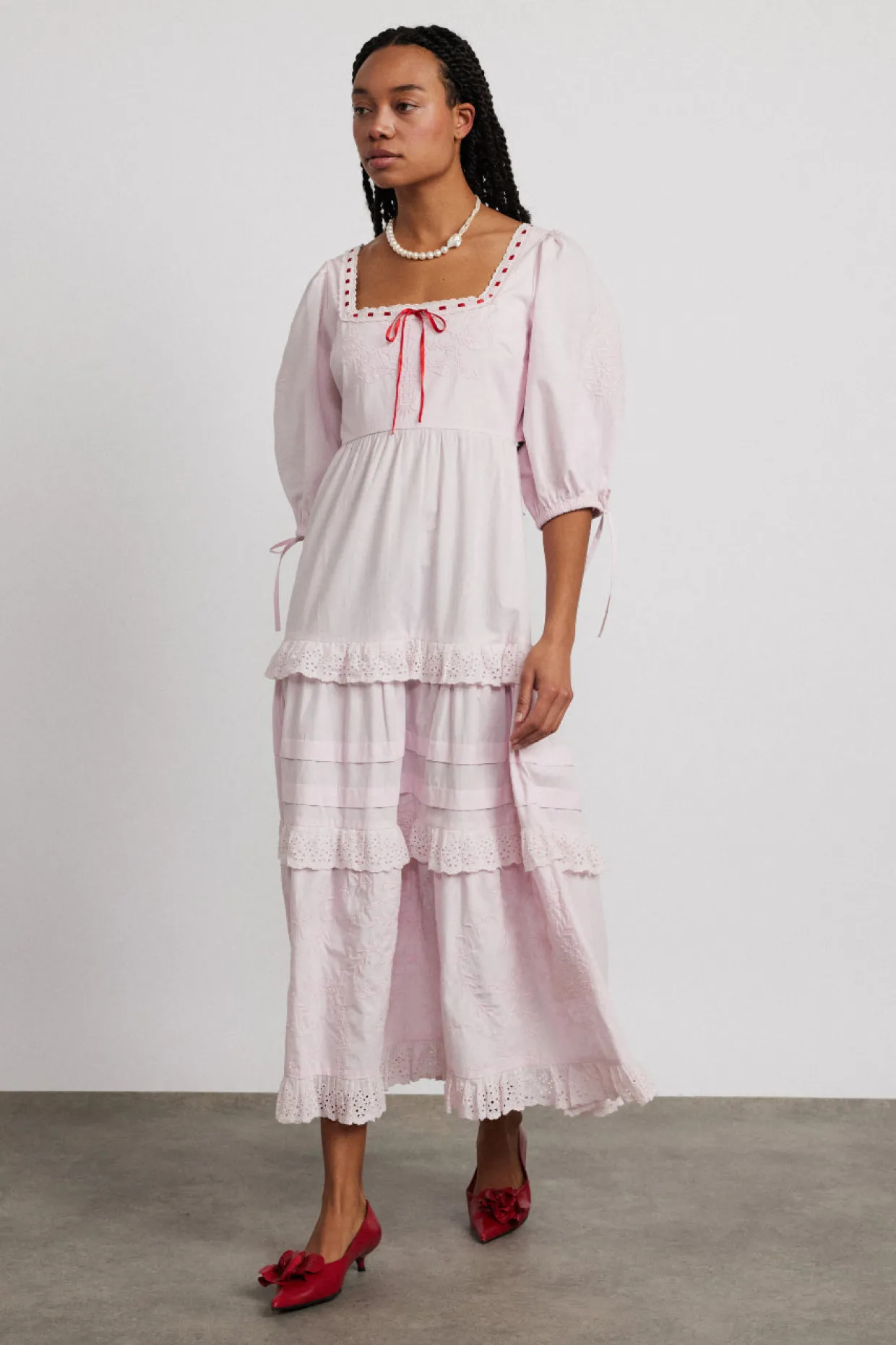 rebecca bow back dress - pink broderie