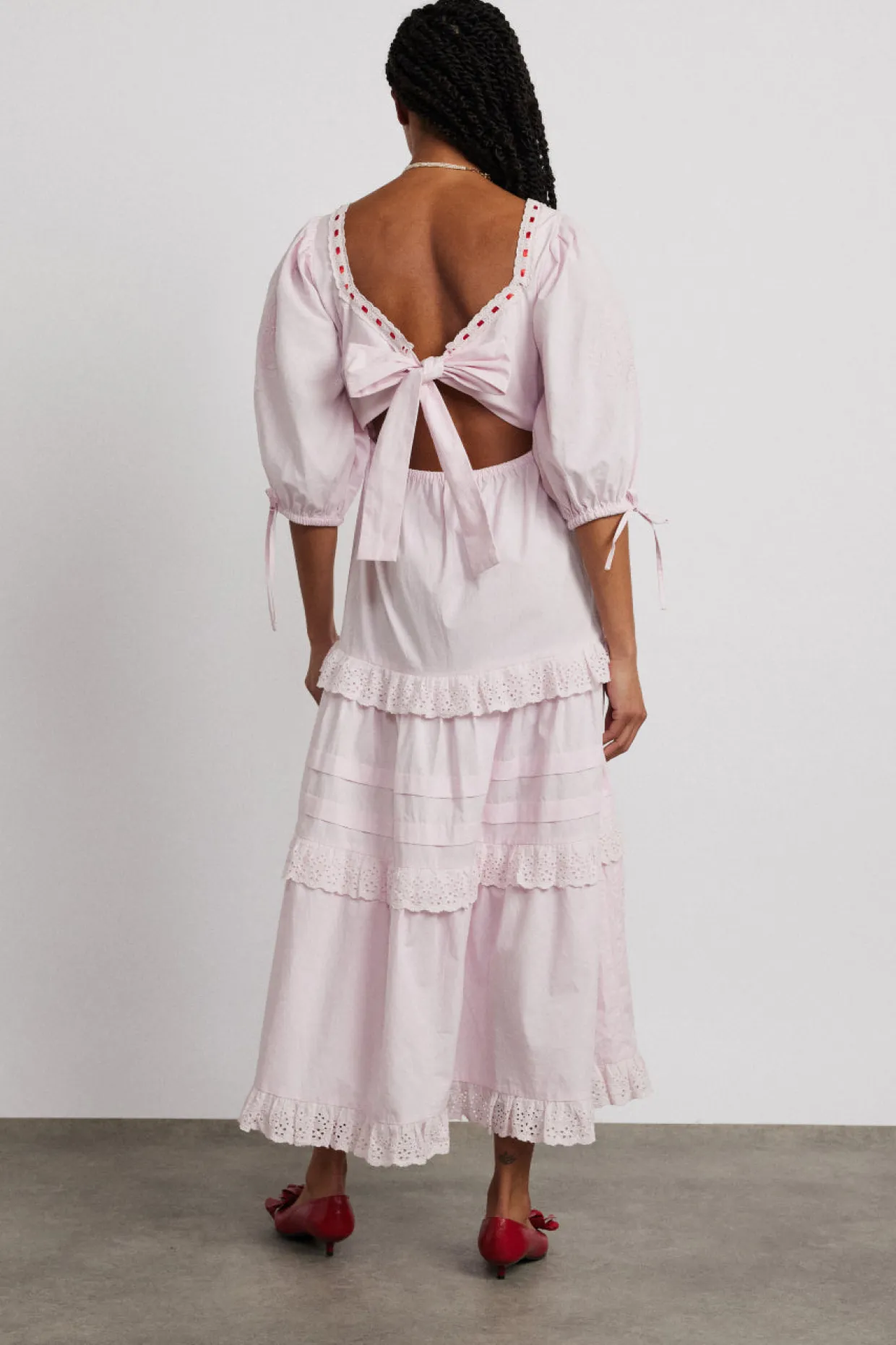 rebecca bow back dress - pink broderie
