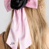 rosette bow clip - pink u0026 black satin