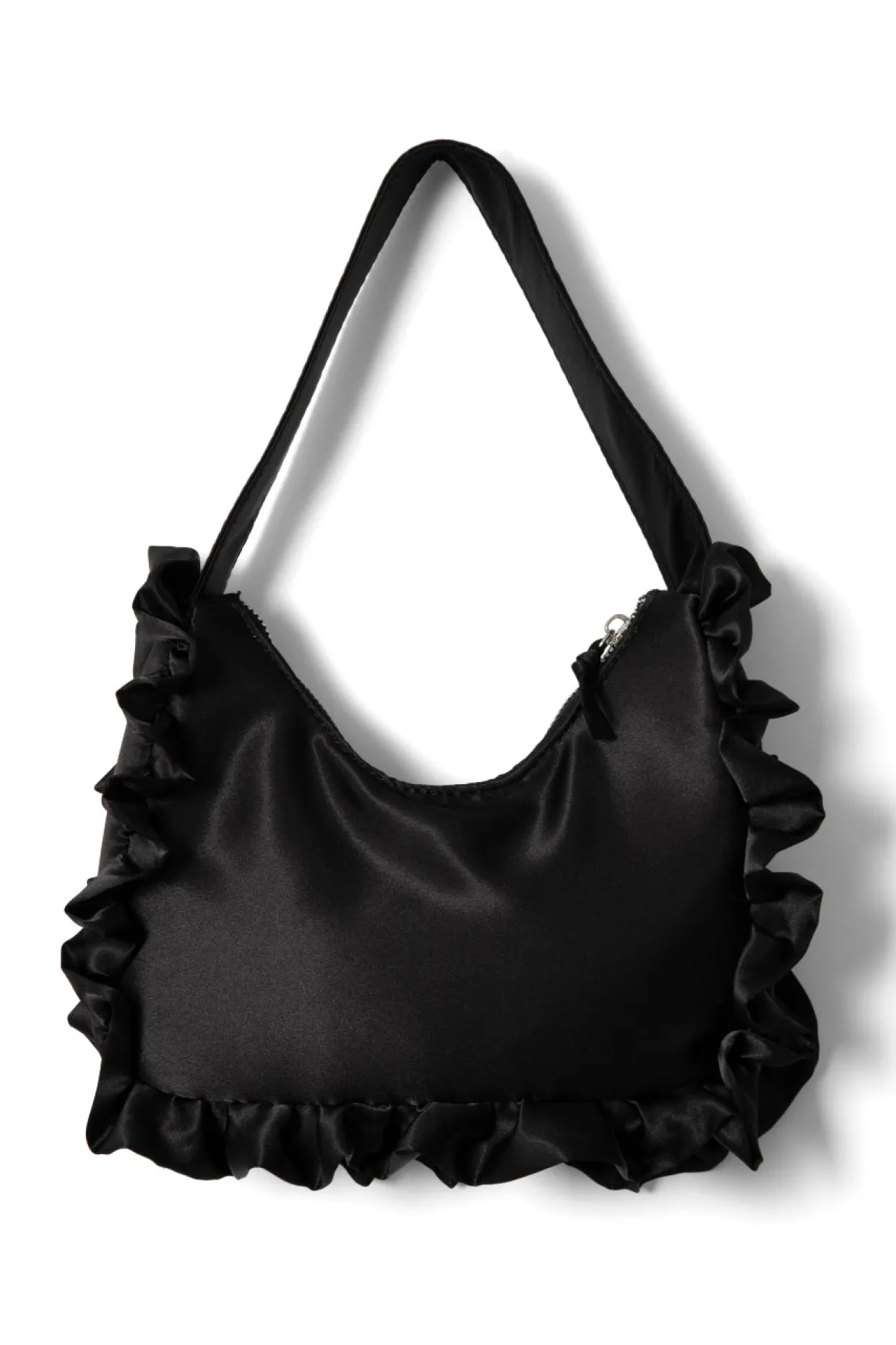 90s frill shoulder bag in satin - black