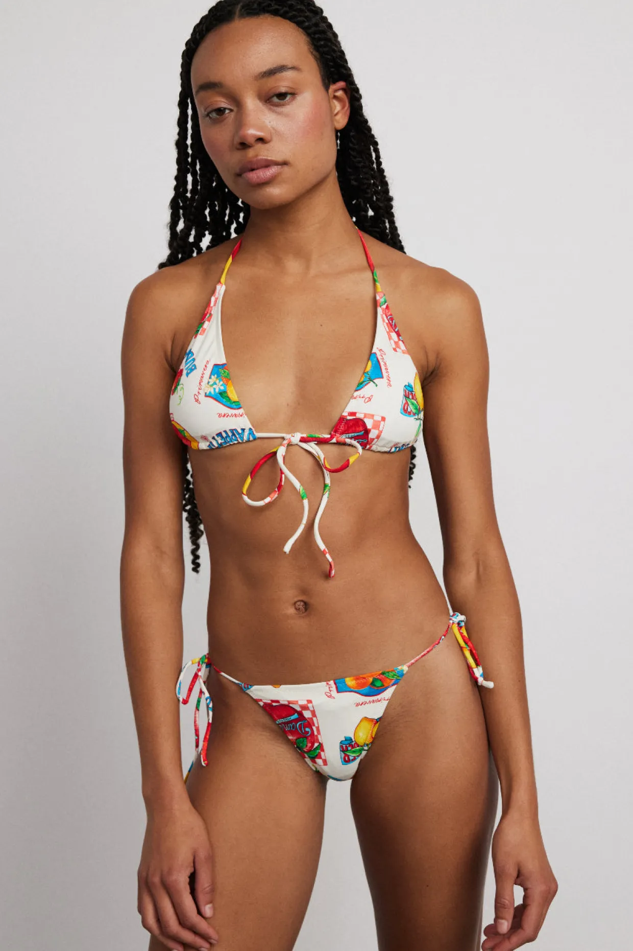tie front triangle bikini top - fruit labels