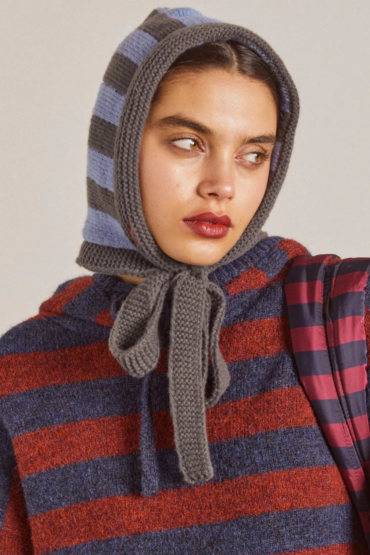 tie neck bonnet in grey u0026 blue stripe