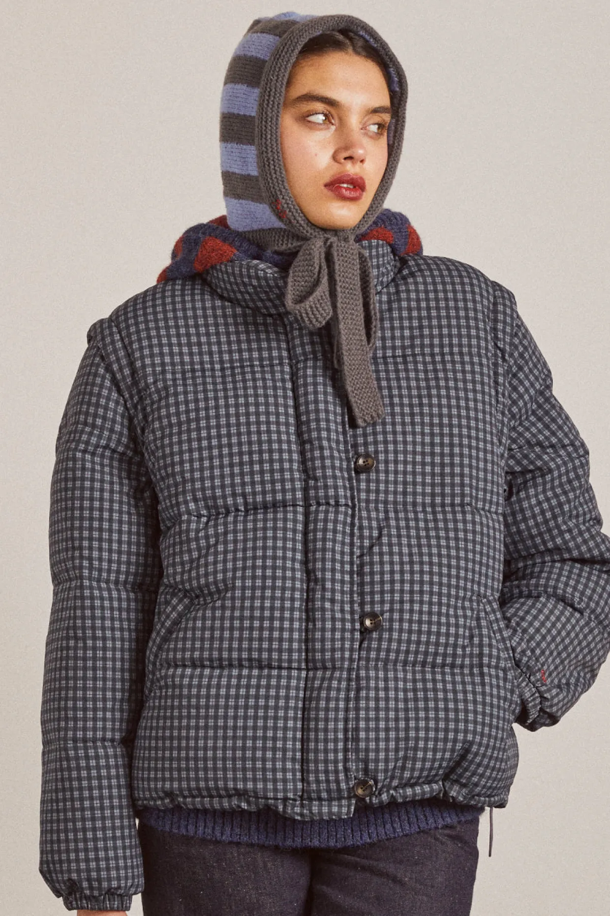 tie neck bonnet in grey u0026 blue stripe